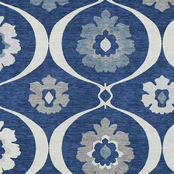 9' X 12' Navy Blue And Ivory Medallion Washable Indoor Outdoor Area Rug