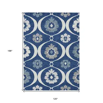 10' X 14' Navy Blue And Ivory Medallion Washable Indoor Outdoor Area Rug