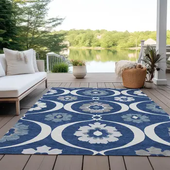 10' X 14' Navy Blue And Ivory Medallion Washable Indoor Outdoor Area Rug