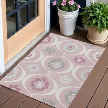 3' X 5' Pink Blush And Gray Medallion Washable Indoor Outdoor Area Rug