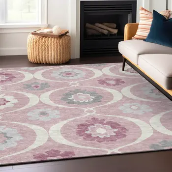 3' X 5' Pink Blush And Gray Medallion Washable Indoor Outdoor Area Rug