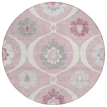 8' Pink Blush And Gray Round Medallion Washable Indoor Outdoor Area Rug