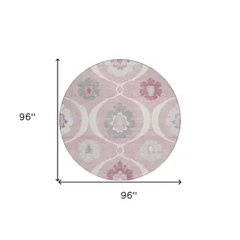 8' Pink Blush And Gray Round Medallion Washable Indoor Outdoor Area Rug