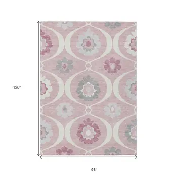 8' X 10' Pink Blush And Gray Medallion Washable Indoor Outdoor Area Rug