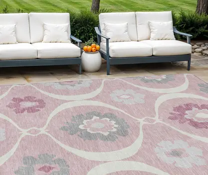 8' X 10' Pink Blush And Gray Medallion Washable Indoor Outdoor Area Rug