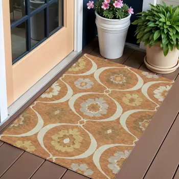 3' X 5' Orange Copper And Gray Medallion Washable Indoor Outdoor Area Rug