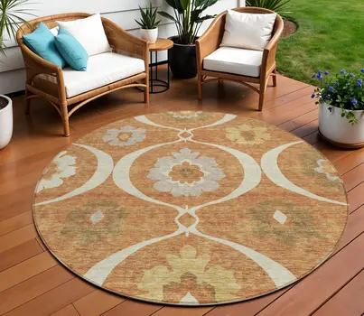 8' Orange Copper And Gray Round Medallion Washable Indoor Outdoor Area Rug
