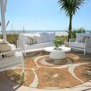 8' Orange Copper And Gray Round Medallion Washable Indoor Outdoor Area Rug