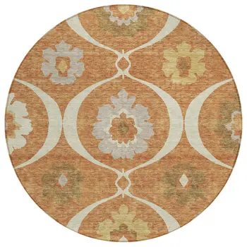 8' Orange Copper And Gray Round Medallion Washable Indoor Outdoor Area Rug