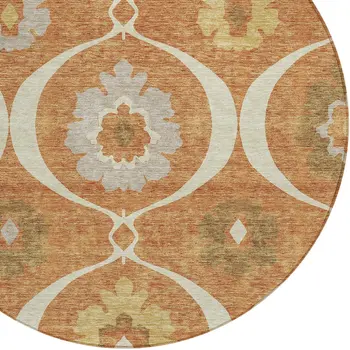 8' Orange Copper And Gray Round Medallion Washable Indoor Outdoor Area Rug