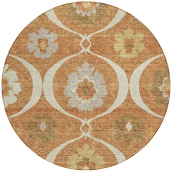 8' Orange Copper And Gray Round Medallion Washable Indoor Outdoor Area Rug