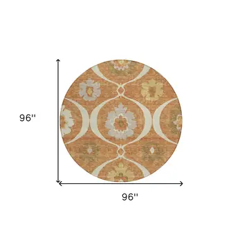 8' Orange Copper And Gray Round Medallion Washable Indoor Outdoor Area Rug