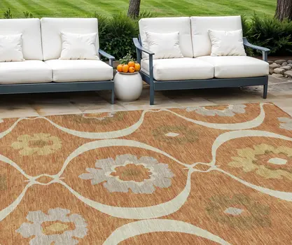 10' X 14' Orange Copper And Gray Medallion Washable Indoor Outdoor Area Rug