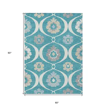 5' X 8' Teal Blue Gray And Beige Medallion Washable Indoor Outdoor Area Rug