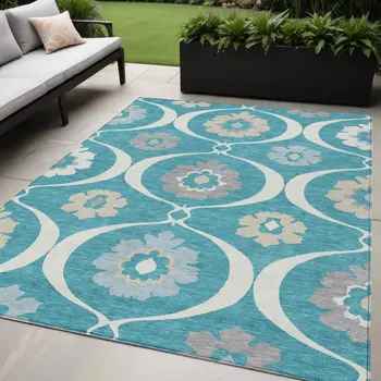 5' X 8' Teal Blue Gray And Beige Medallion Washable Indoor Outdoor Area Rug