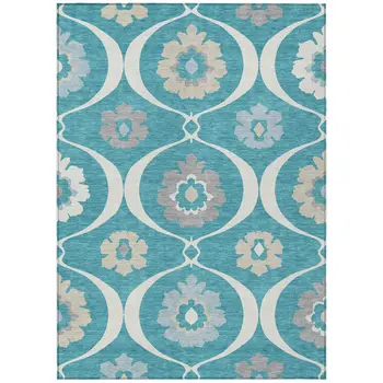 5' X 8' Teal Blue Gray And Beige Medallion Washable Indoor Outdoor Area Rug