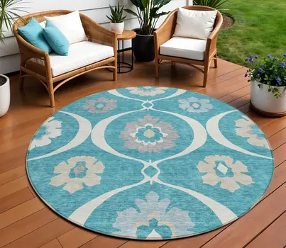 8' Teal Blue Gray And Beige Round Medallion Washable Indoor Outdoor Area Rug