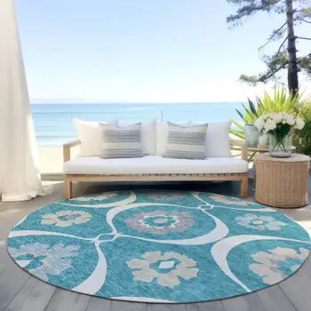 8' Teal Blue Gray And Beige Round Medallion Washable Indoor Outdoor Area Rug