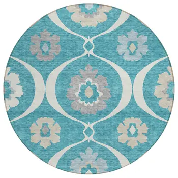 8' Teal Blue Gray And Beige Round Medallion Washable Indoor Outdoor Area Rug