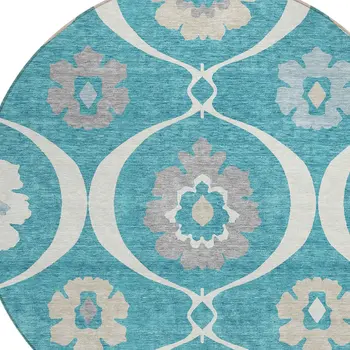 8' Teal Blue Gray And Beige Round Medallion Washable Indoor Outdoor Area Rug