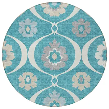 8' Teal Blue Gray And Beige Round Medallion Washable Indoor Outdoor Area Rug