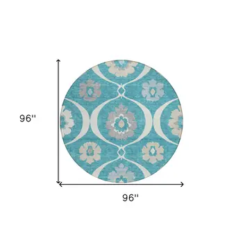 8' Teal Blue Gray And Beige Round Medallion Washable Indoor Outdoor Area Rug