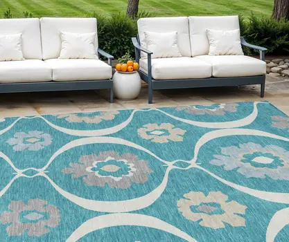 8' X 10' Teal Blue Gray And Beige Medallion Washable Indoor Outdoor Area Rug
