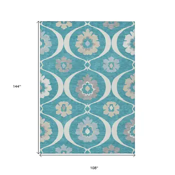 9' X 12' Teal Blue Gray And Beige Medallion Washable Indoor Outdoor Area Rug