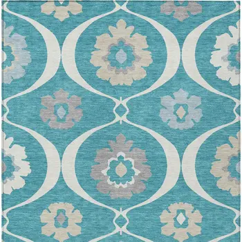 9' X 12' Teal Blue Gray And Beige Medallion Washable Indoor Outdoor Area Rug
