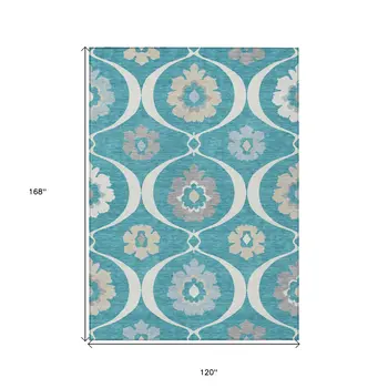 10' X 14' Teal Blue Gray And Beige Medallion Washable Indoor Outdoor Area Rug