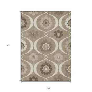 3' X 5' Taupe Brown And Ivory Medallion Washable Indoor Outdoor Area Rug