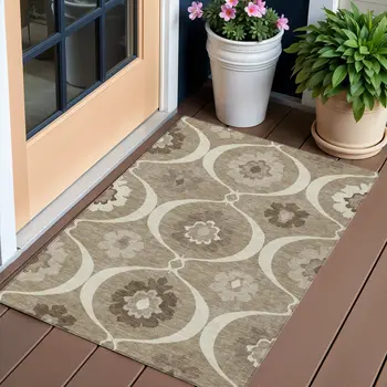 3' X 5' Taupe Brown And Ivory Medallion Washable Indoor Outdoor Area Rug