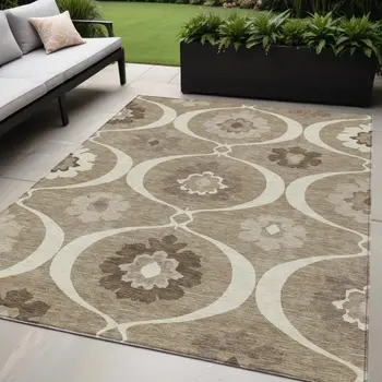 5' X 8' Taupe Brown And Ivory Medallion Washable Indoor Outdoor Area Rug