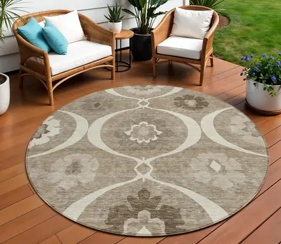 8' Taupe Brown And Ivory Round Medallion Washable Indoor Outdoor Area Rug