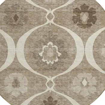 8' Taupe Brown And Ivory Round Medallion Washable Indoor Outdoor Area Rug
