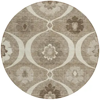 8' Taupe Brown And Ivory Round Medallion Washable Indoor Outdoor Area Rug