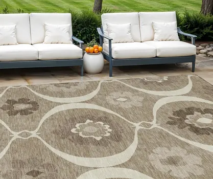 10' X 14' Taupe Brown And Ivory Medallion Washable Indoor Outdoor Area Rug