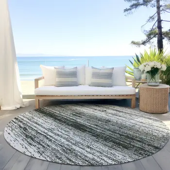 8' Black Ivory And Gray Round Striped Washable Indoor Outdoor Area Rug