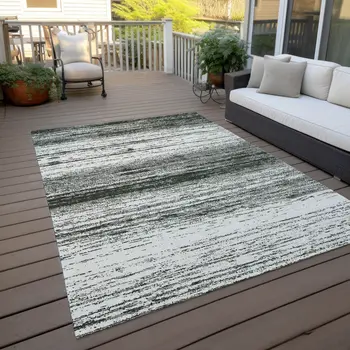 8' X 10' Black Ivory And Gray Striped Washable Indoor Outdoor Area Rug