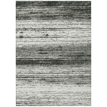 8' X 10' Black Ivory And Gray Striped Washable Indoor Outdoor Area Rug