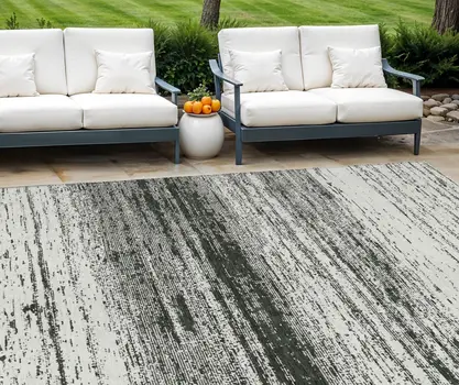 10' X 14' Black Ivory And Gray Striped Washable Indoor Outdoor Area Rug