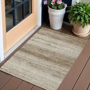 3' X 5' Brown And Beige Striped Washable Indoor Outdoor Area Rug