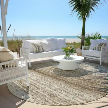 8' Brown And Beige Round Striped Washable Indoor Outdoor Area Rug