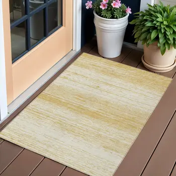 3' X 5' Gold And Ivory Striped Washable Indoor Outdoor Area Rug