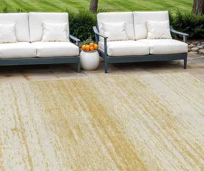 10' X 14' Gold And Ivory Striped Washable Indoor Outdoor Area Rug