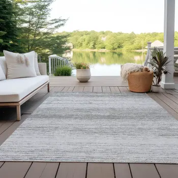 5' X 8' Gray And Silver Striped Washable Indoor Outdoor Area Rug