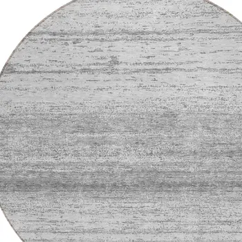 8' Gray And Silver Round Striped Washable Indoor Outdoor Area Rug