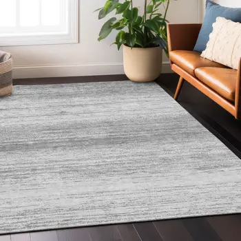 9' X 12' Gray And Silver Striped Washable Indoor Outdoor Area Rug