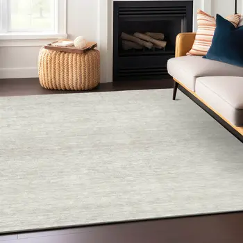 9' X 12' Ivory And Beige Striped Washable Indoor Outdoor Area Rug