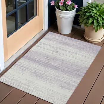 3' X 5' Lavender And Ivory Striped Washable Indoor Outdoor Area Rug